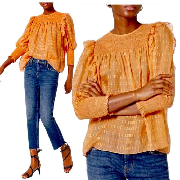 NWT JOIE Silk Jamila Lurex Smocked Panel Top in Lt Terracotta Size Medium - Picture 1 of 8